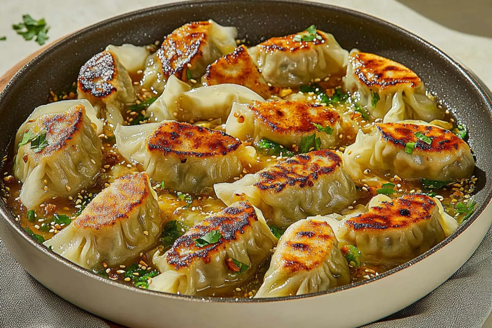 ONE PAN DUMPLING DINNER centered hero view, clean and uncluttered