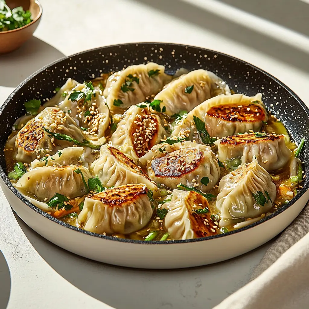 One pan dumpling dinner with bok choy and dumplings in creamy coconut curry sauce