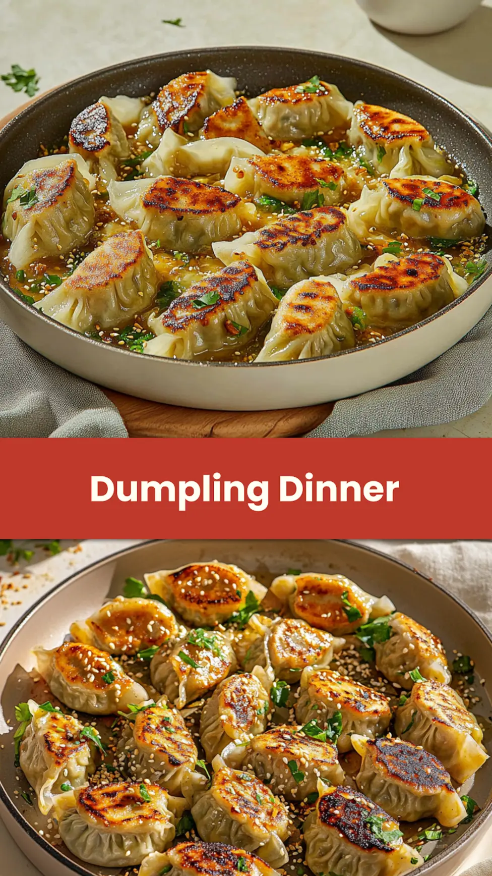 One pan dumpling dinner Pinterest pin with dumplings and bok choy in coconut curry sauce
