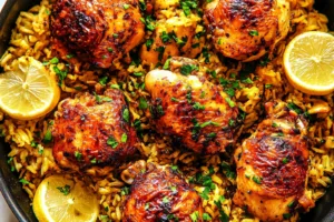 One Pan Spanish Chicken and Rice Easy Weeknight Dinner ONE PAN SPANISH CHICKEN AND RICE centered hero view, clean and uncluttered