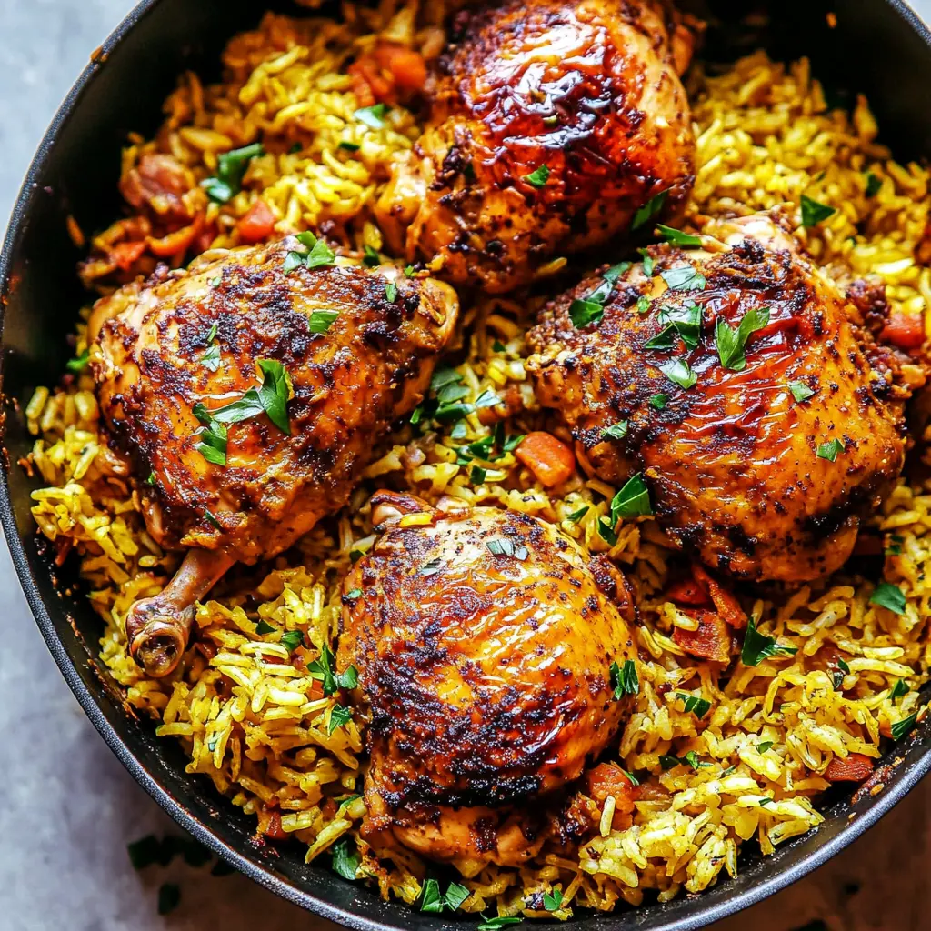 ONE PAN SPANISH CHICKEN AND RICE centered hero view, clean and uncluttered