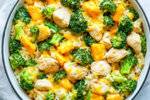 ONE POT CHICKEN BROCCOLI RICE CASSEROLE centered hero view, clean and uncluttered