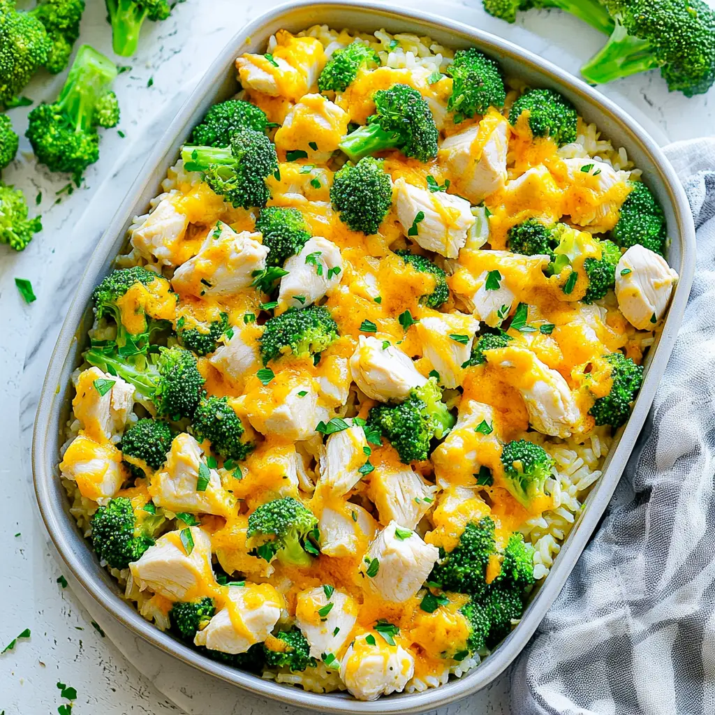 ONE POT CHICKEN BROCCOLI RICE CASSEROLE centered hero view, clean and uncluttered