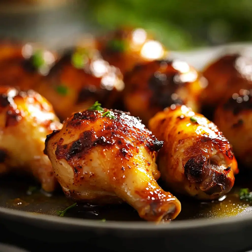 Oven baked chicken drumsticks with crispy golden skin on a white plate