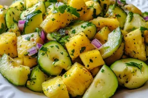PINEAPPLE CUCUMBER SALAD centered hero view, clean and uncluttered