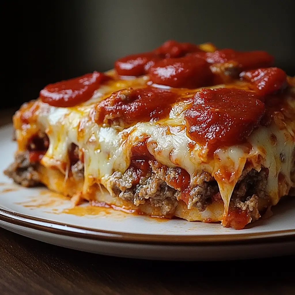 Pizza casserole low carb with golden melted cheese and pepperoni, centered hero view