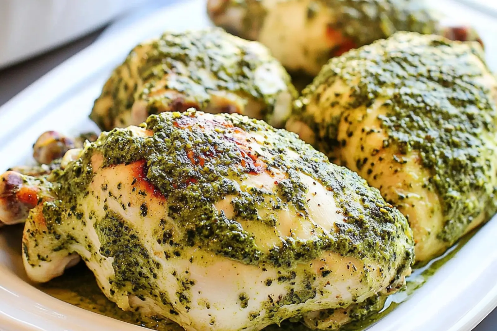 QUICK PREP BAKED PESTO CHICKEN centered hero view, clean and uncluttered