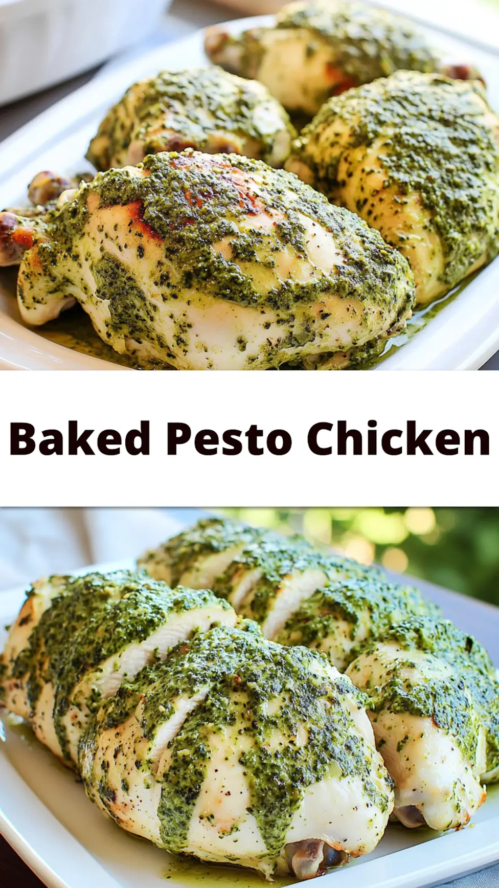 Quick Prep Baked Pesto Chicken centered hero view, clean and uncluttered for Pinterest