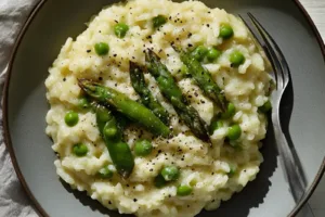 RISOTTO WITH ASPARAGUS AND PEAS centered hero view, clean and uncluttered