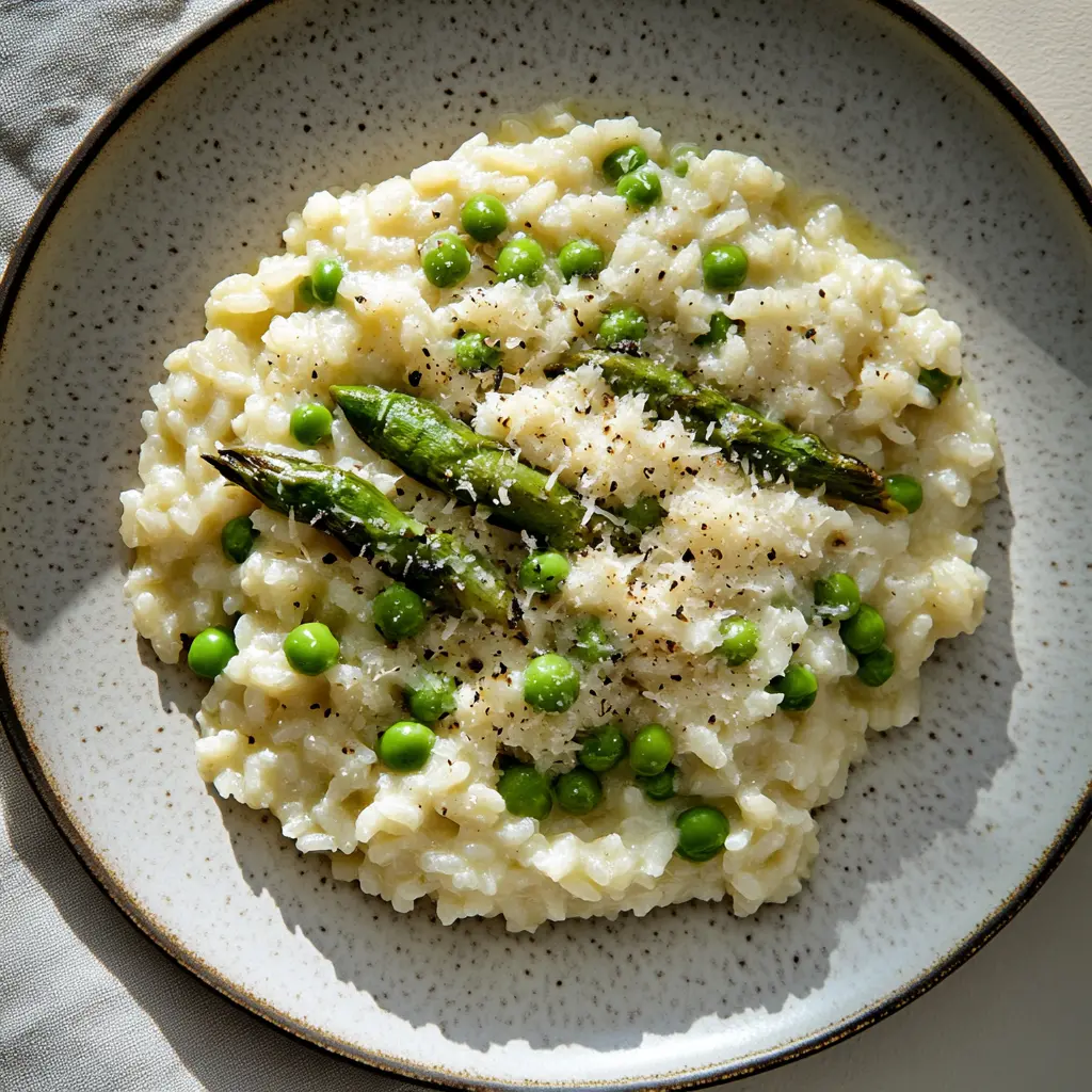 Risotto with asparagus and peas centered hero view, clean and uncluttered