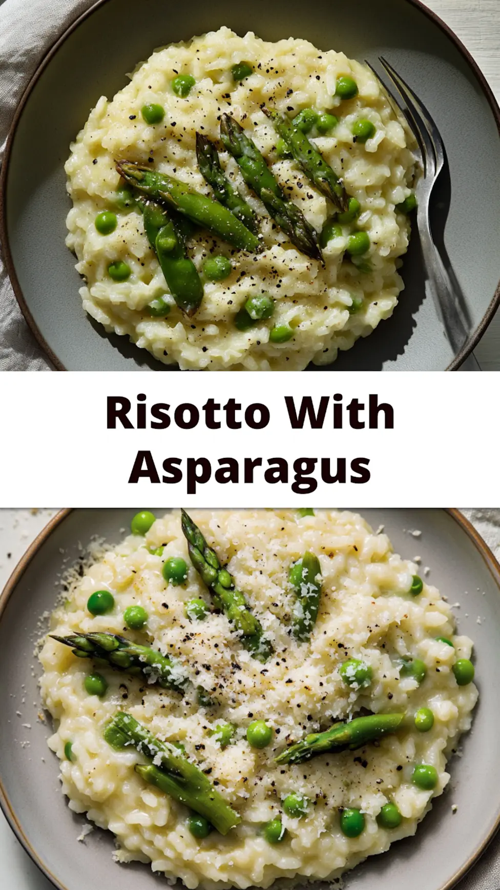 Risotto with asparagus and peas centered hero view, clean and uncluttered for Pinterest