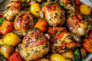 ROASTED GARLIC CHICKEN AND VEGETABLES centered hero view, clean and uncluttered