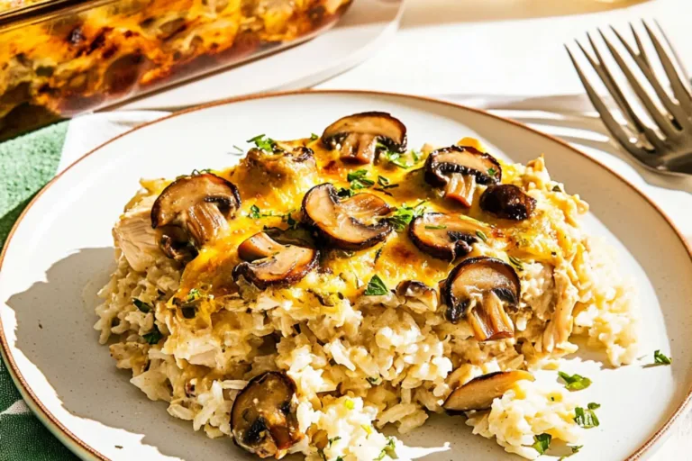 ROTISSERIE CHICKEN MUSHROOM AND RICE CASSEROLE centered hero view, clean and uncluttered