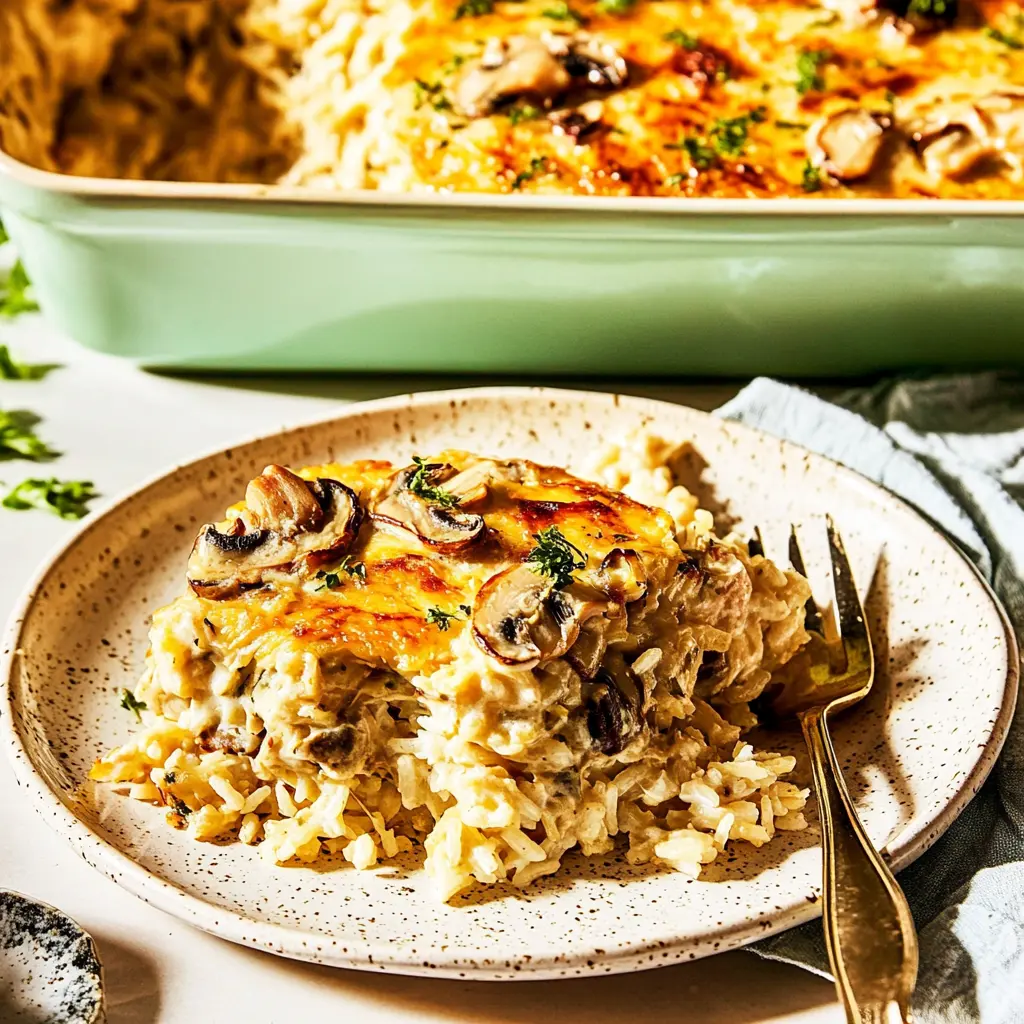 Rotisserie Chicken Mushroom and Rice Casserole Easy Weeknight Dinner 3 ROTISSERIE CHICKEN MUSHROOM AND RICE CASSEROLE centered hero view, clean and uncluttered