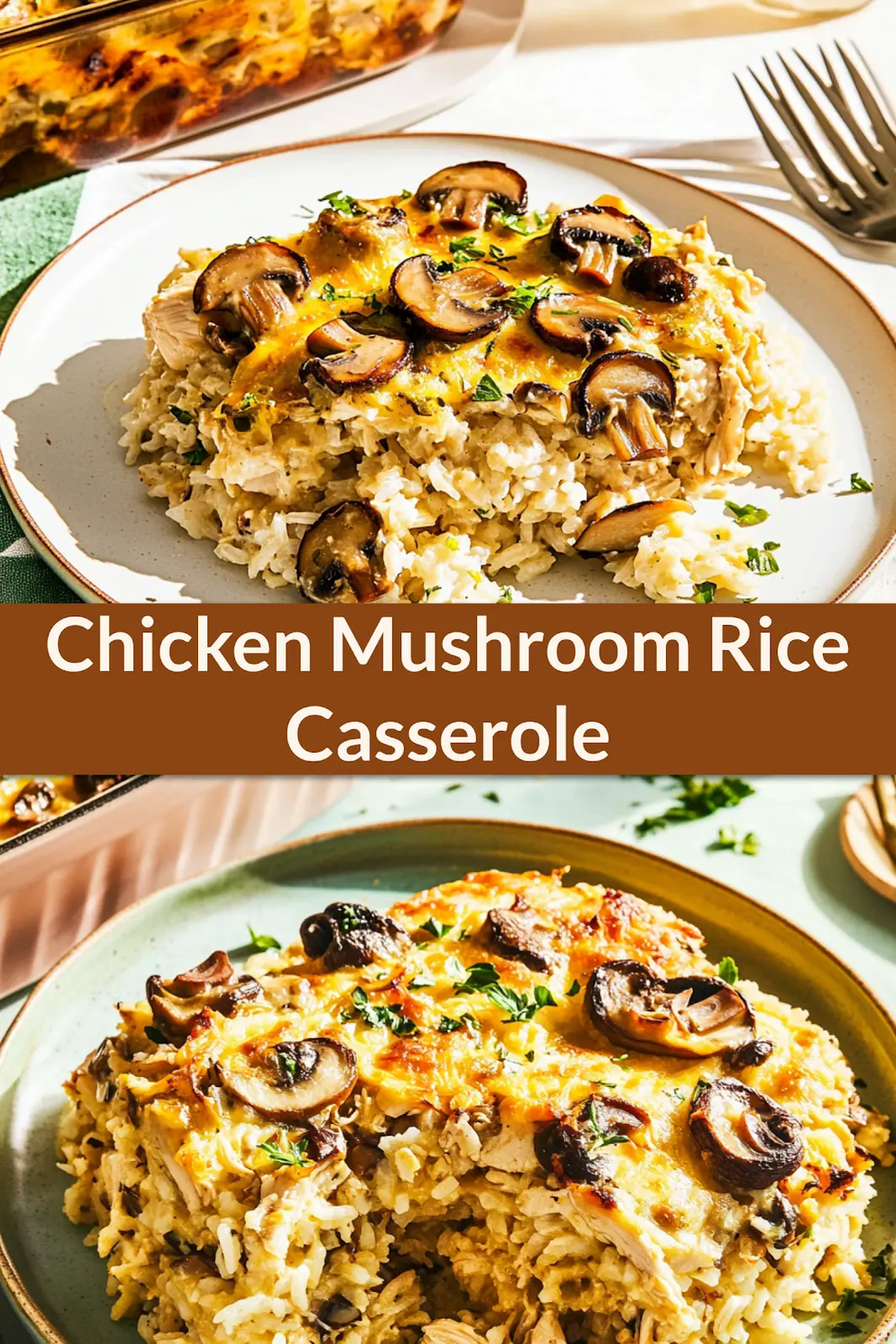 Rotisserie Chicken Mushroom and Rice Casserole Easy Weeknight Dinner 4 ROTISSERIE CHICKEN MUSHROOM AND RICE CASSEROLE centered hero view, clean and uncluttered pin