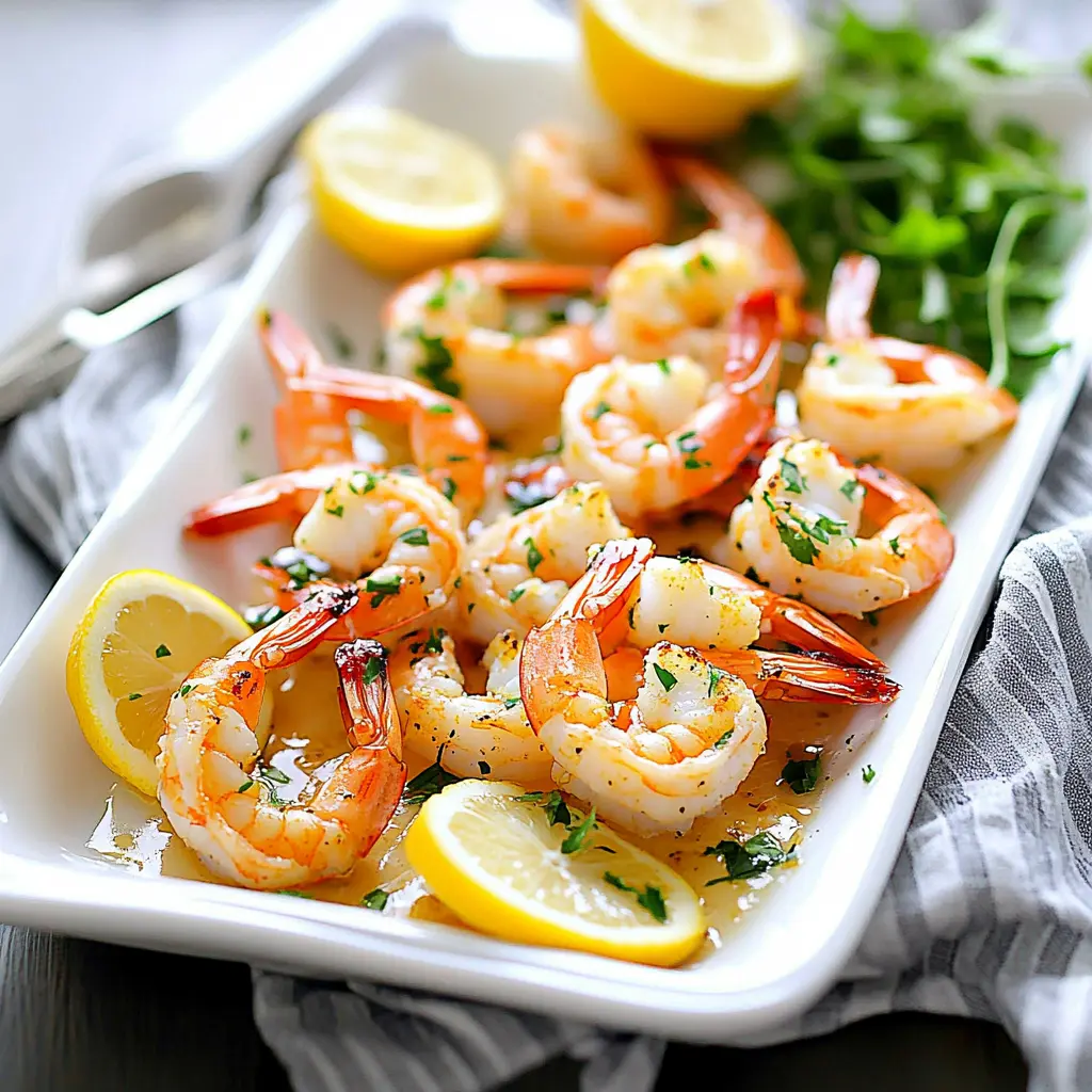 AIR FRYER GARLIC SHRIMP WITH LEMON centered hero view, clean and uncluttered