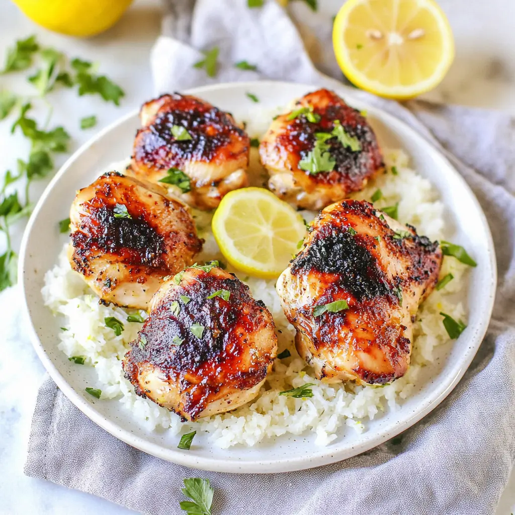 AIR FRYER LEMON GARLIC CHICKEN THIGHS centered hero view, clean and uncluttered