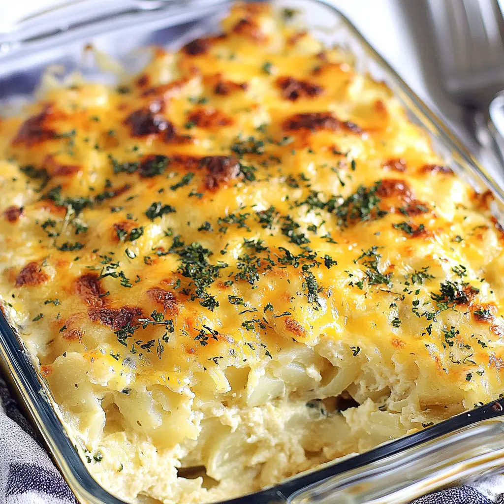 BEST CHEESY POTATO CASSEROLE centered hero view, clean and uncluttered