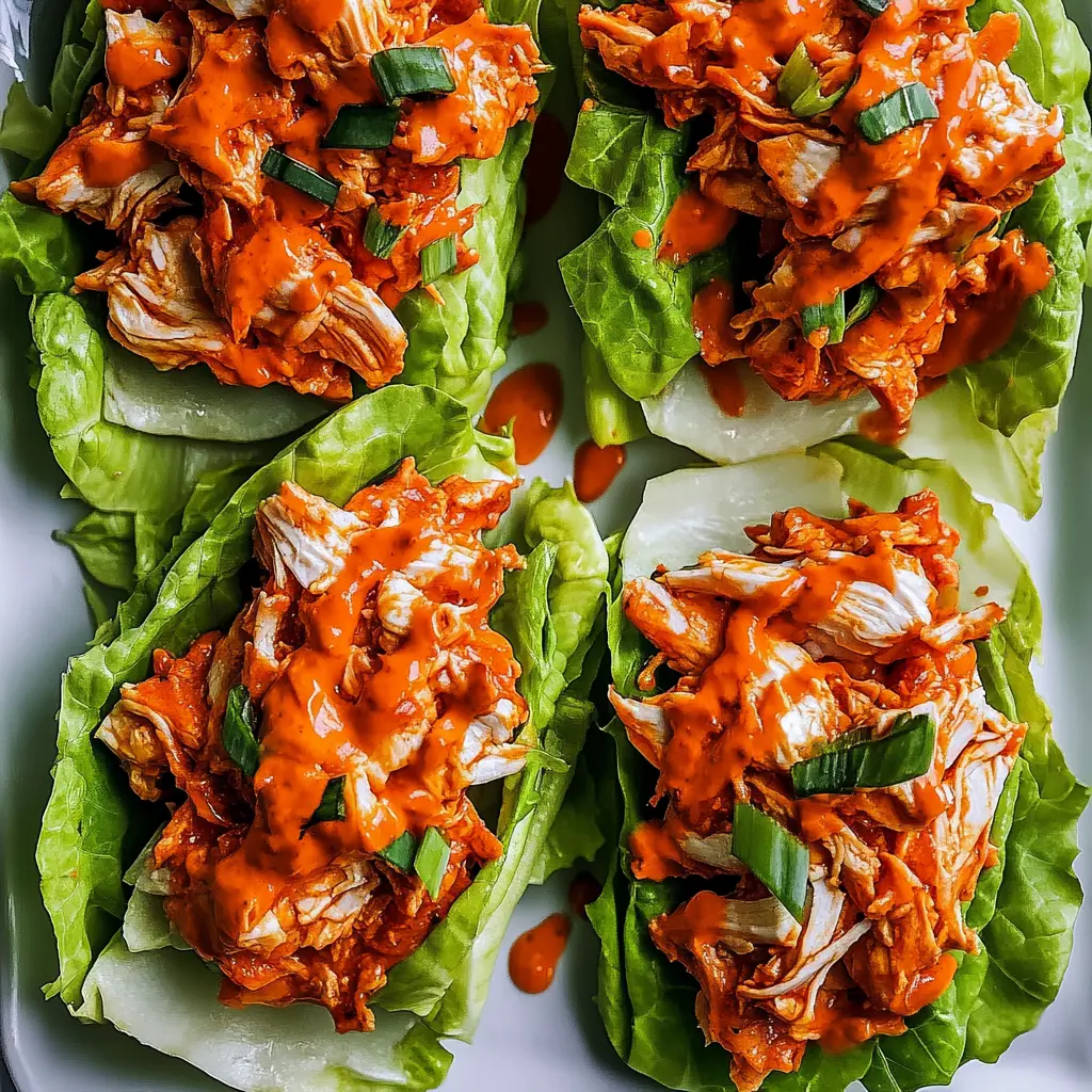 Buffalo Chicken Lettuce Wraps Easy Fresh Dinner Recipe 2 BUFFALO CHICKEN LETTUCE WRAPS centered hero view, clean and uncluttered