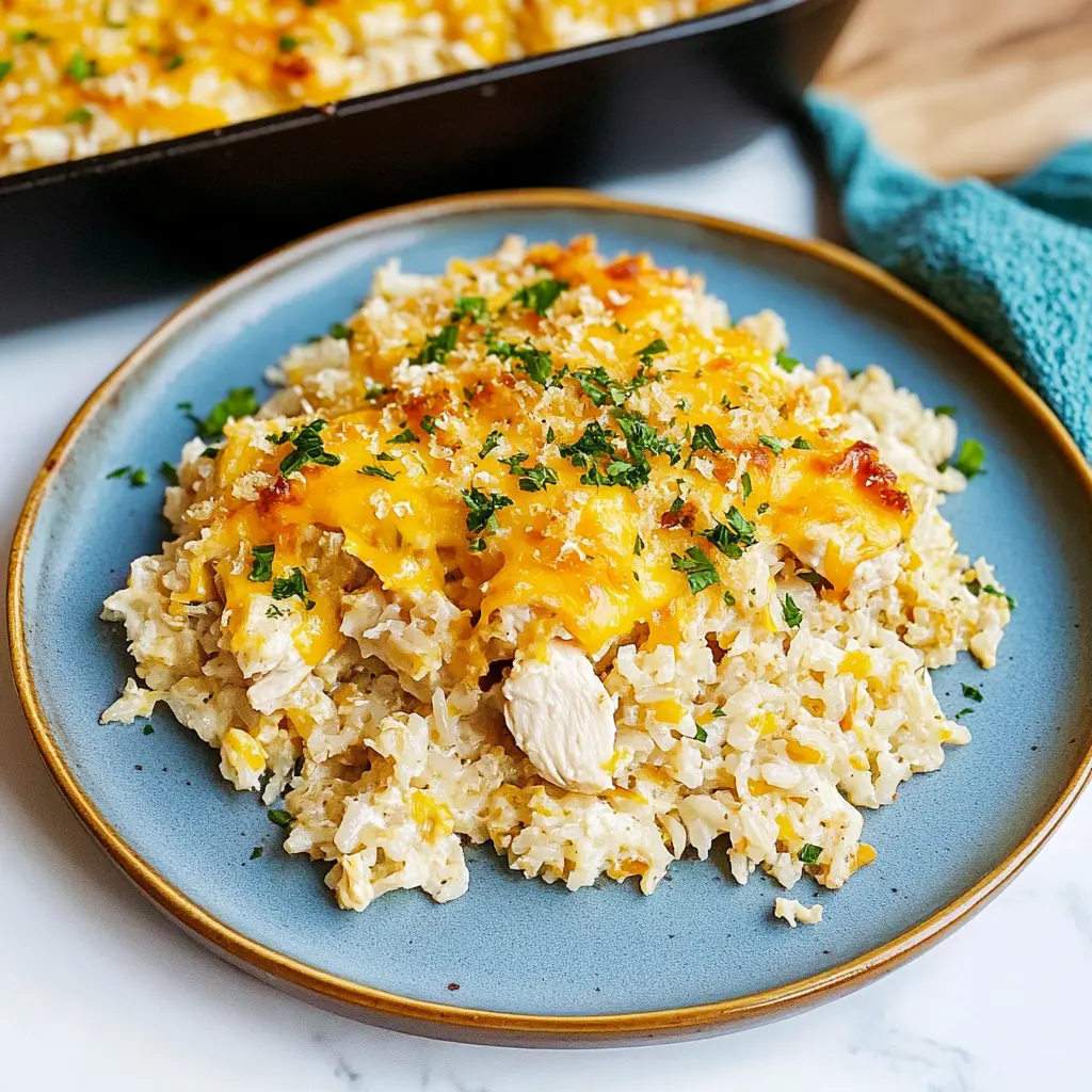 CHEESY CHICKEN AND RICE CASSEROLE centered hero view, clean and uncluttered