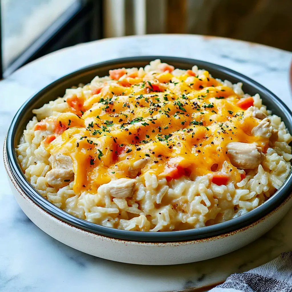 Cheesy Instant Pot Chicken and Rice Easy Weeknight Dinner 2 CHEESY INSTANT POT CHICKEN AND RICE centered hero view, clean and uncluttered