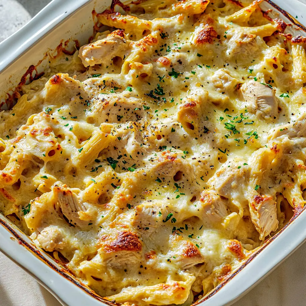 CHICKEN ALFREDO CASSEROLE centered hero view, clean and uncluttered