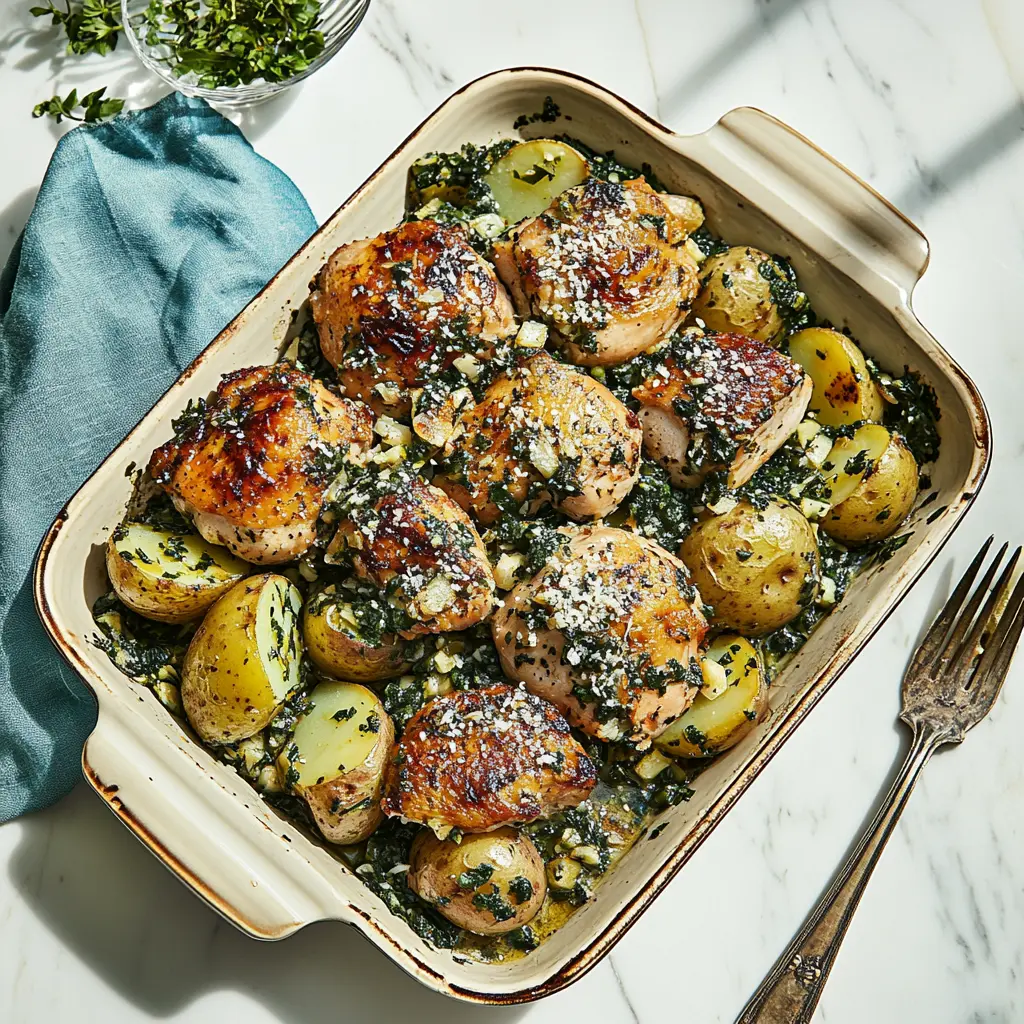 CHICKEN AND POTATOES WITH GARLIC PARMESAN centered hero view, clean and uncluttered