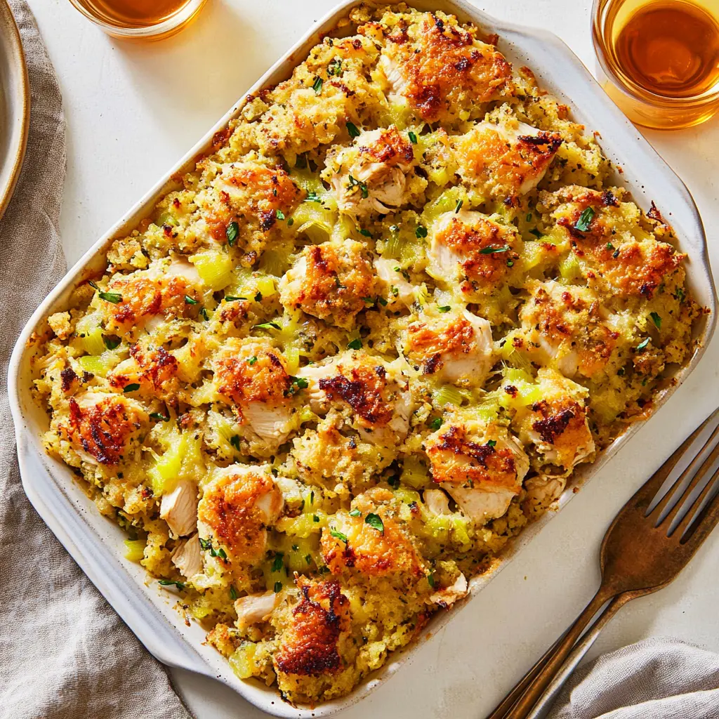 CHICKEN AND STUFFING CASSEROLE RECIPE centered hero view, clean and uncluttered