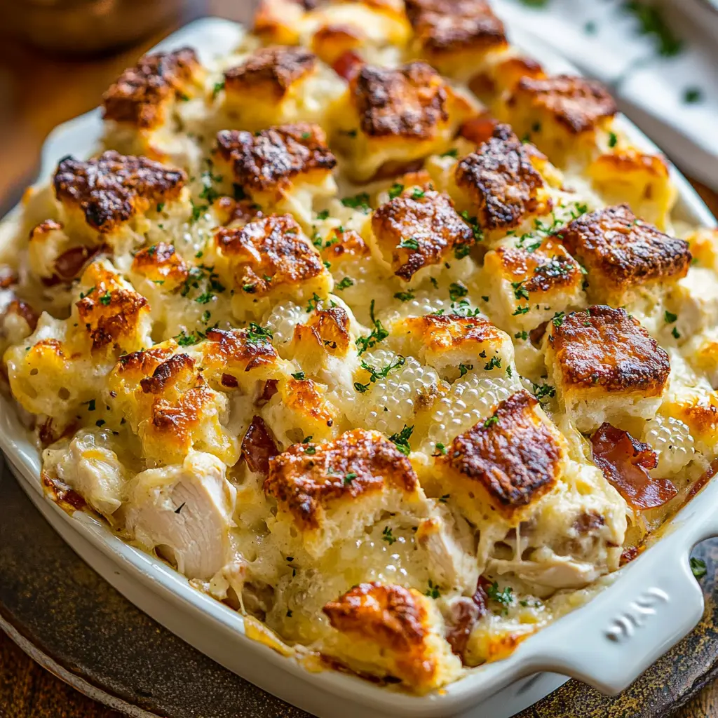 Chicken Bubble Biscuit Bake Casserole Easy Weeknight Dinner 2 CHICKEN BUBBLE BISCUIT BAKE CASSEROLE centered hero view, clean and uncluttered