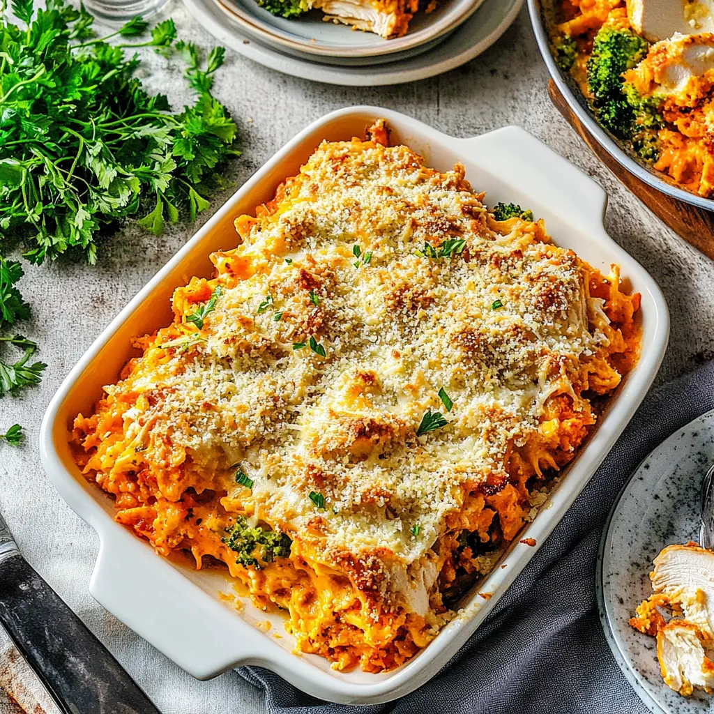 CHICKEN PARMESAN CASSEROLE recipe, served and ready to eat, easy homemade dinner