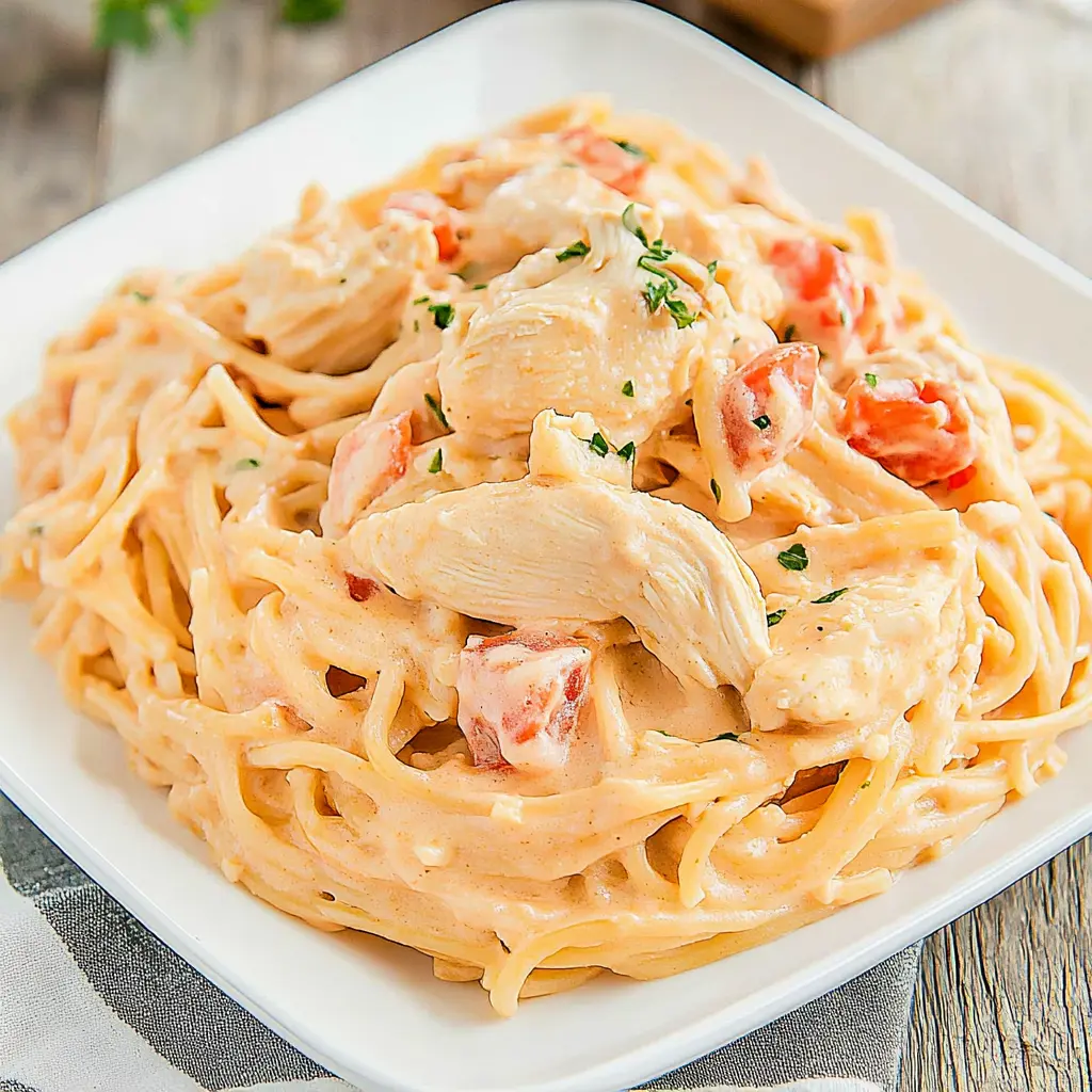 Chicken Spaghetti Recipe Easy Comforting Family Dinner 2 CHICKEN SPAGHETTI centered hero view, clean and uncluttered