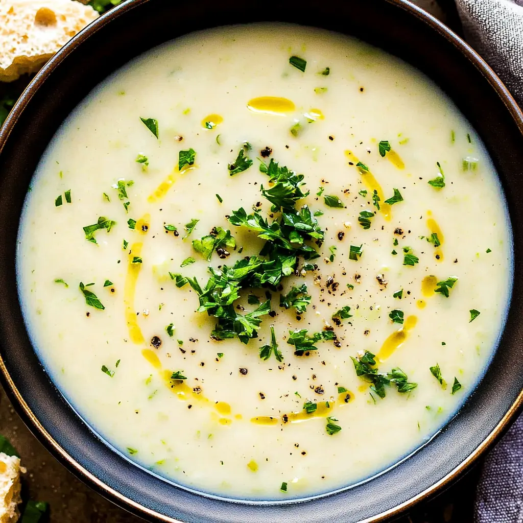 CREAMY LEEK AND POTATO SOUP centered hero view, clean and uncluttered
