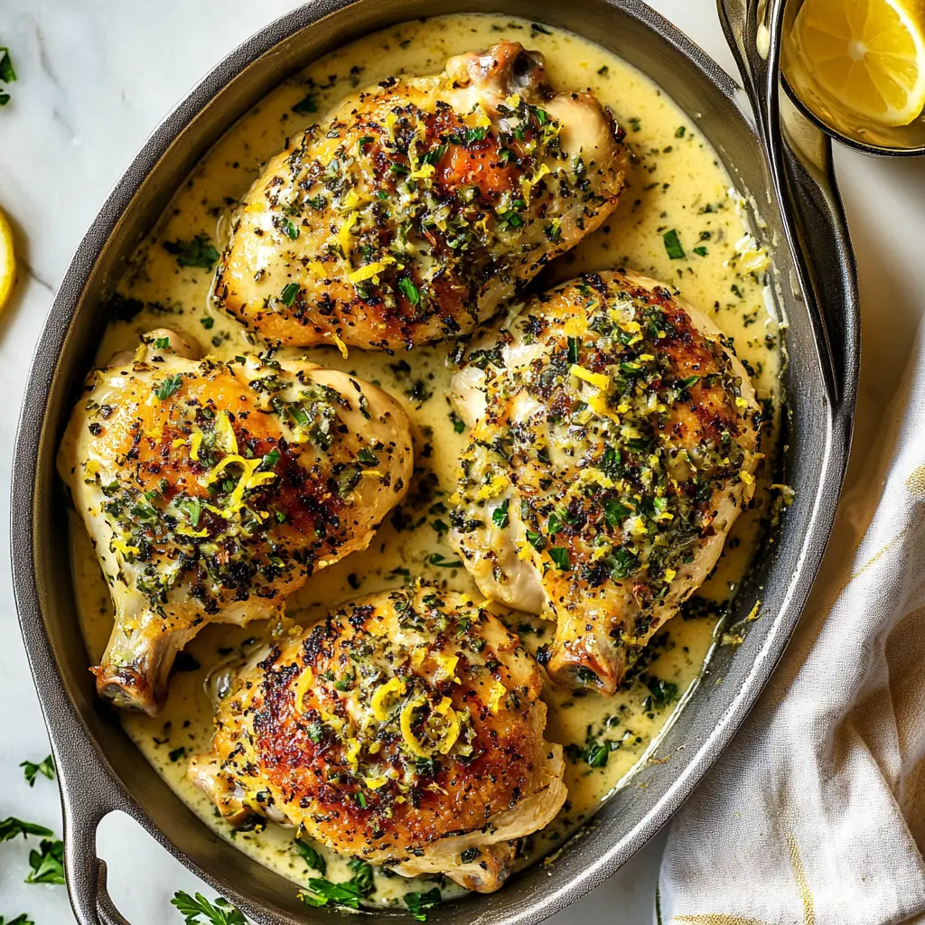 Creamy Lemon Garlic Chicken Thighs Easy Weeknight Dinner 2 CREAMY LEMON GARLIC CHICKEN THIGHS centered hero view, clean and uncluttered