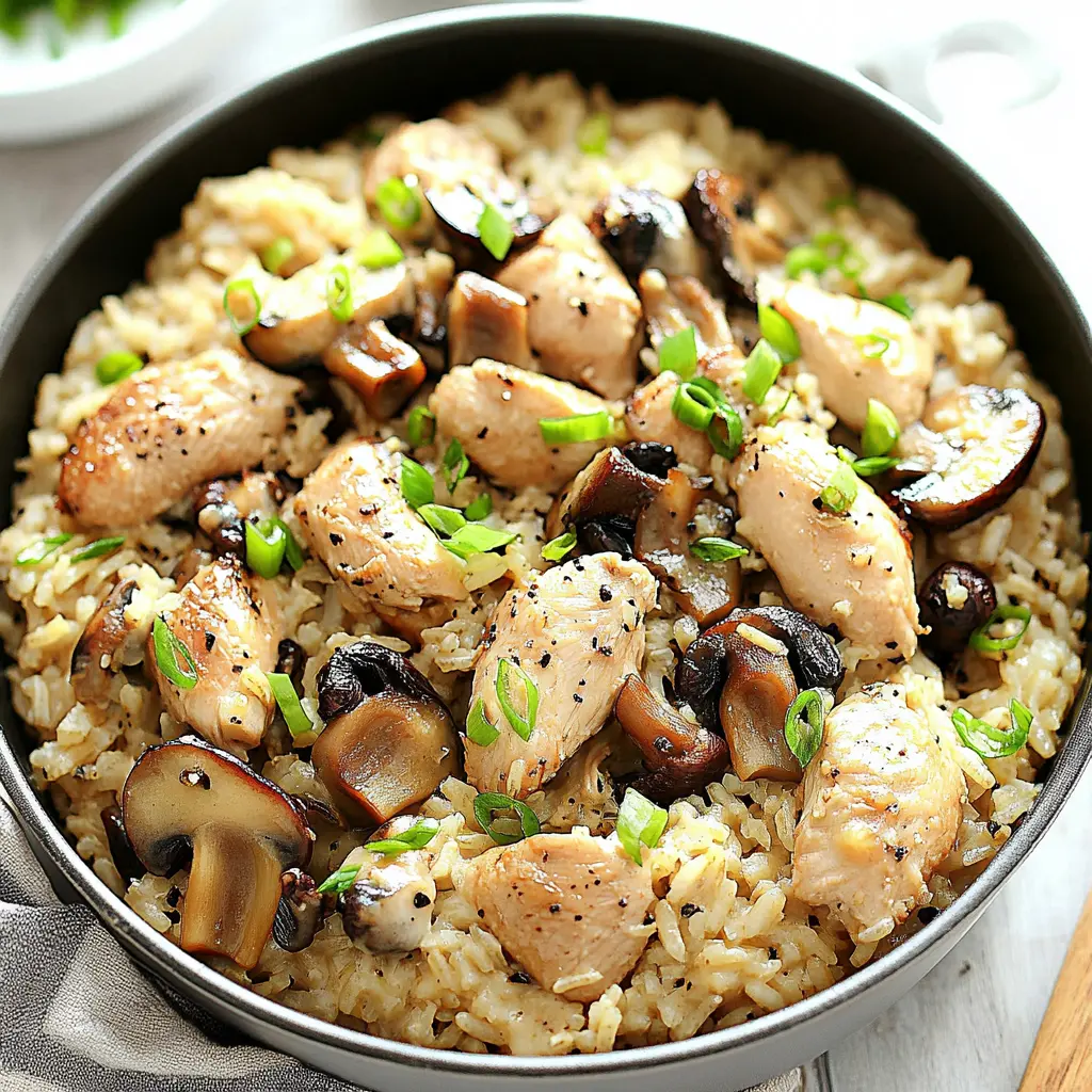CREAMY ONE POT CHICKEN RICE AND MUSHROOMS centered hero view, clean and uncluttered