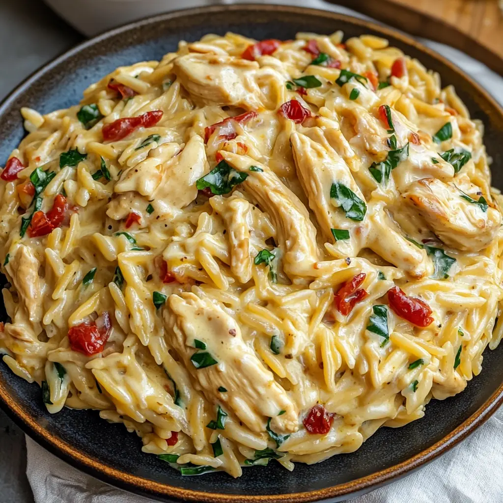 CREAMY TUSCAN CHICKEN ORZO centered hero view, clean and uncluttered