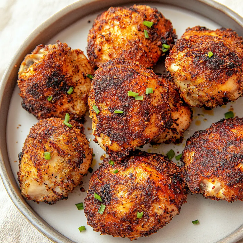 CRISPY AIR FRYER CHICKEN THIGHS centered hero view, clean and uncluttered