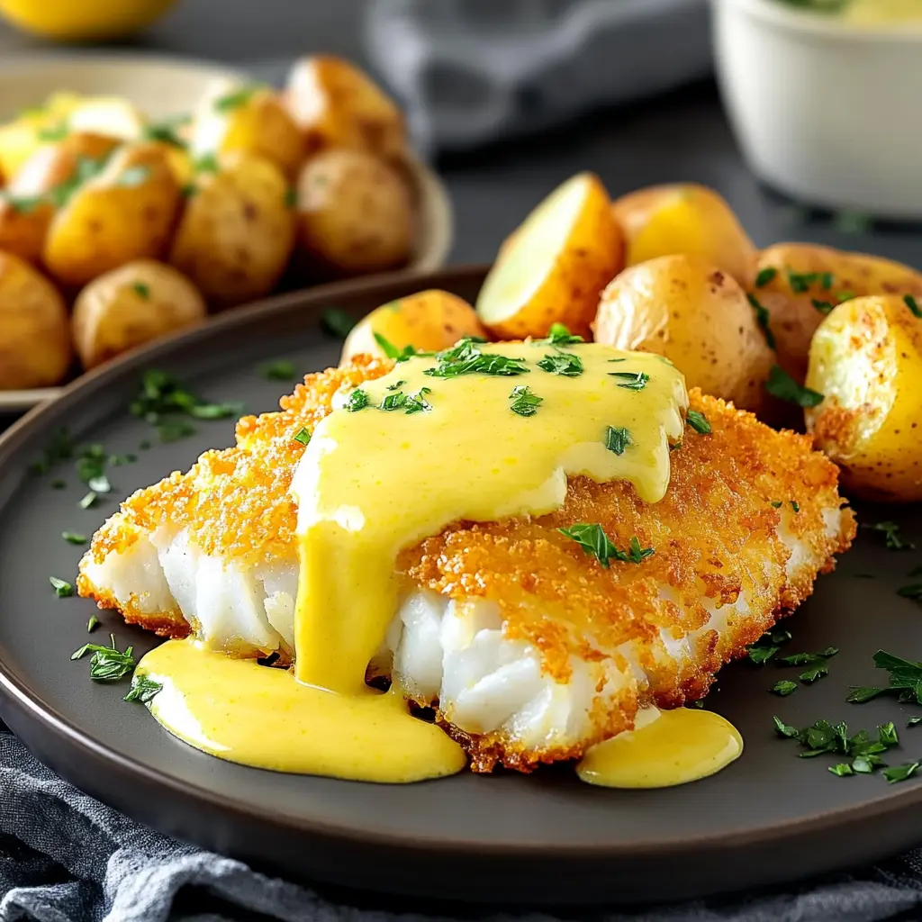 Crispy Battered Cod with Lemon Butter Sauce Easy Weeknight Dinner 2 CRISPY BATTERED COD WITH LEMON BUTTER SAUCE AND ROASTED POTATOES centered hero view, clean and uncluttered