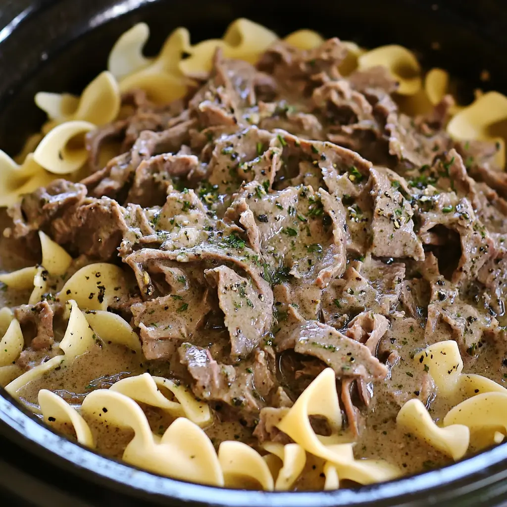 CROCK POT BEEF AND NOODLES centered hero view, clean and uncluttered