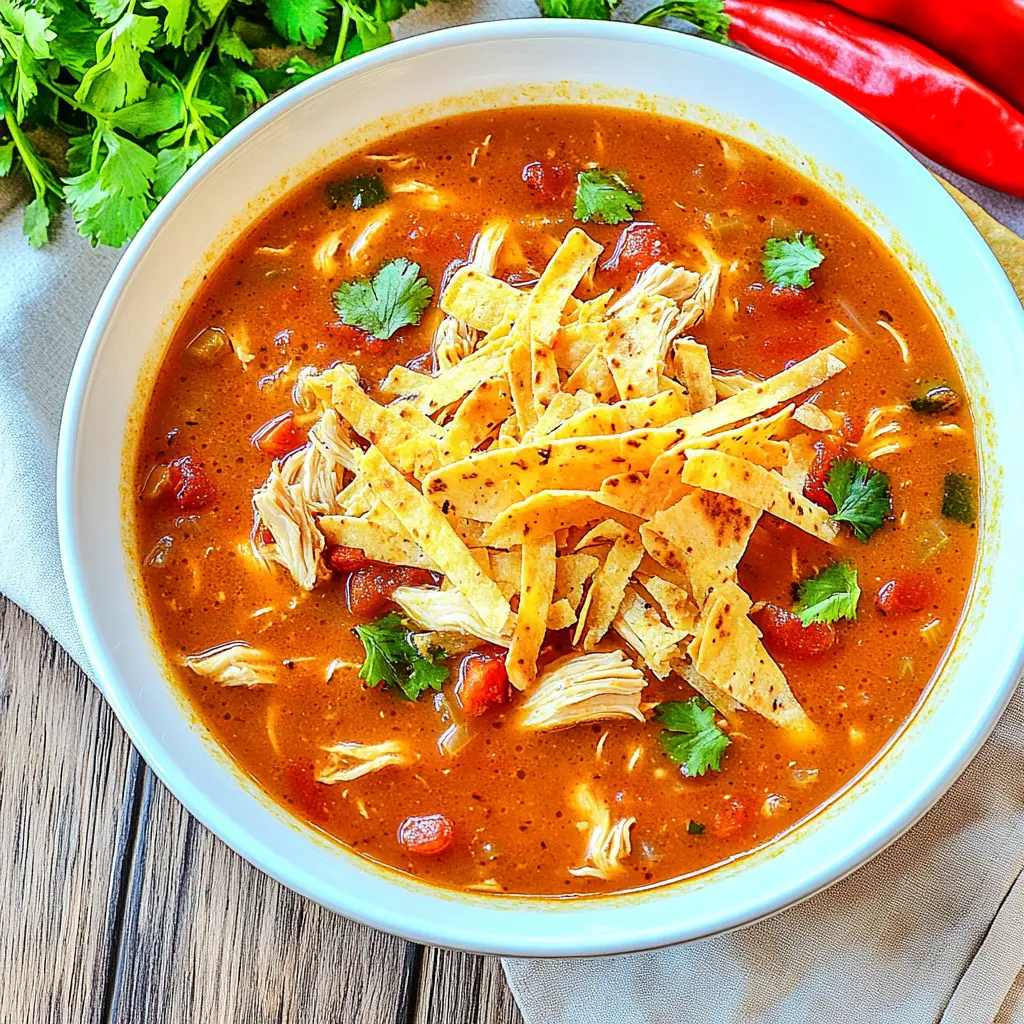 CROCK POT CHICKEN TORTILLA SOUP centered hero view, clean and uncluttered