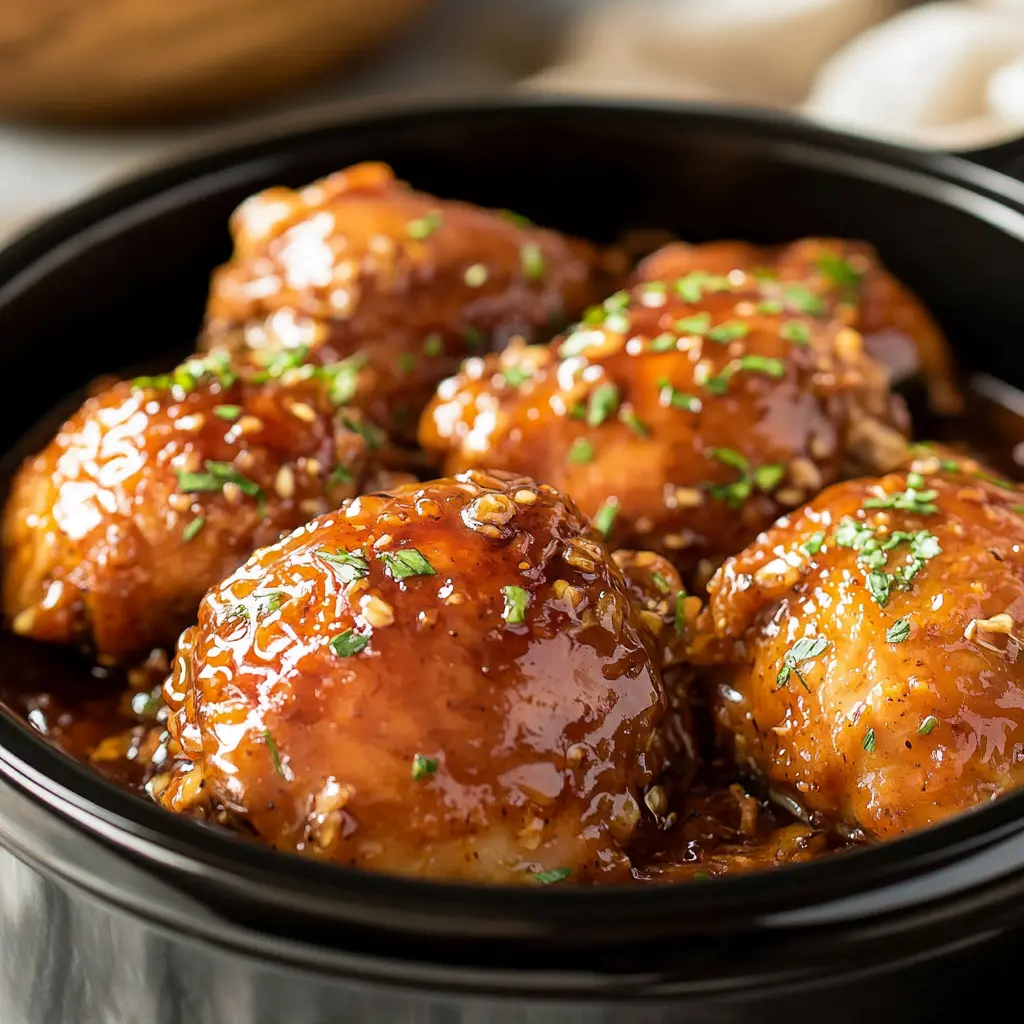 Crock Pot Honey Garlic Chicken Easy Weeknight Dinner 2 CROCK POT HONEY GARLIC CHICKEN centered hero view, clean and uncluttered