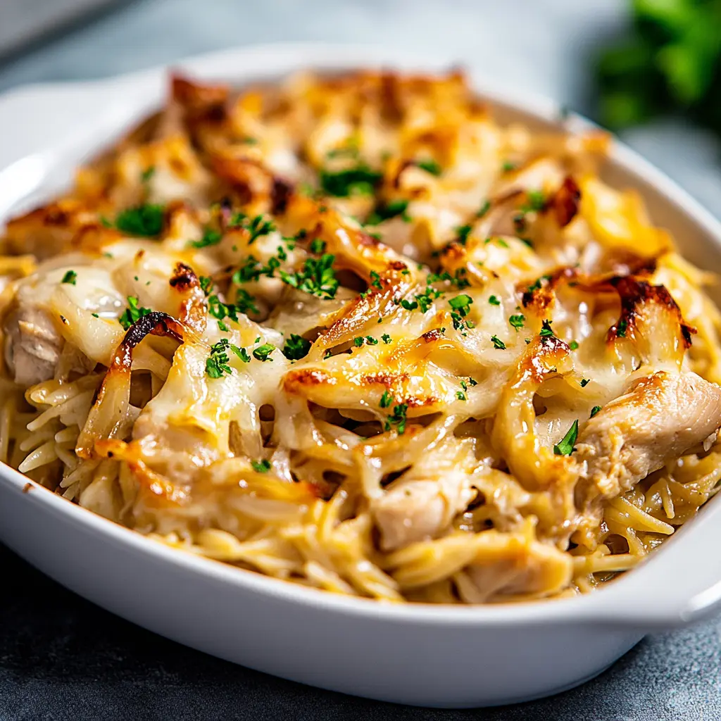 French Onion Chicken Orzo Casserole Easy Weeknight Dinner 2 FRENCH ONION CHICKEN ORZO CASSEROLE centered hero view, clean and uncluttered