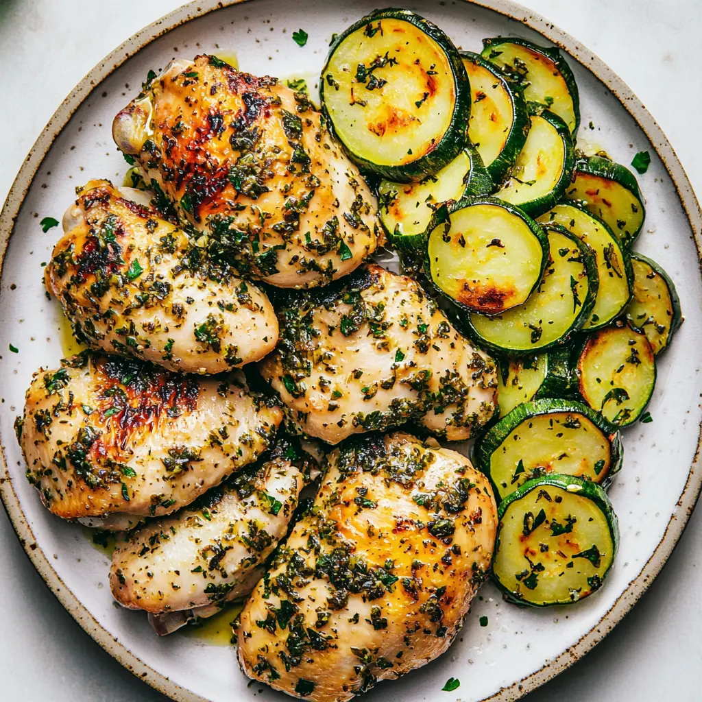GARLIC HERB CHICKEN WITH ZUCCHINI centered hero view, clean and uncluttered