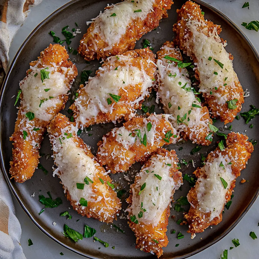 GARLIC PARMESAN CHICKEN TENDERS centered hero view, clean and uncluttered