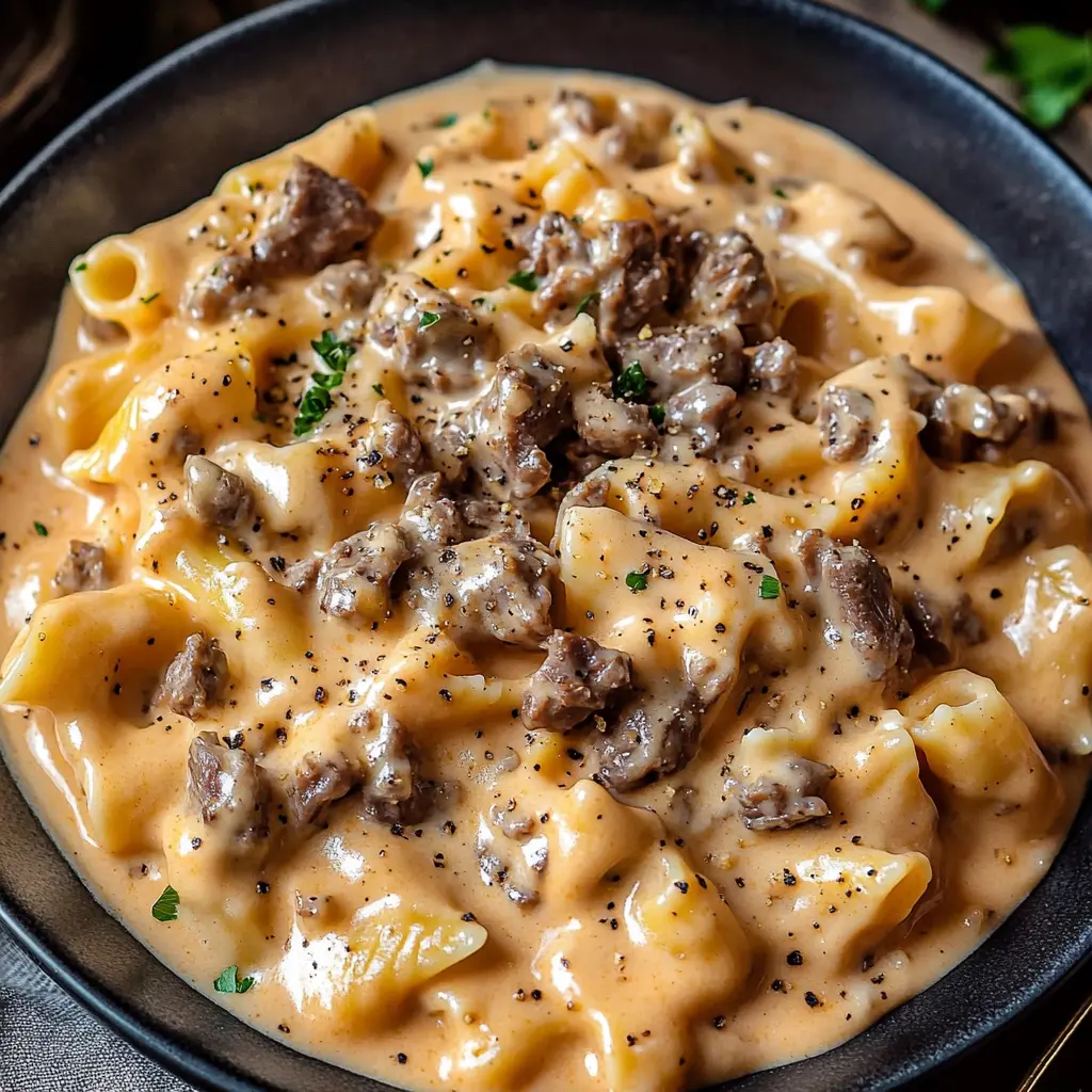 HIGH PROTEIN CREAMY BEEF PASTA centered hero view, clean and uncluttered