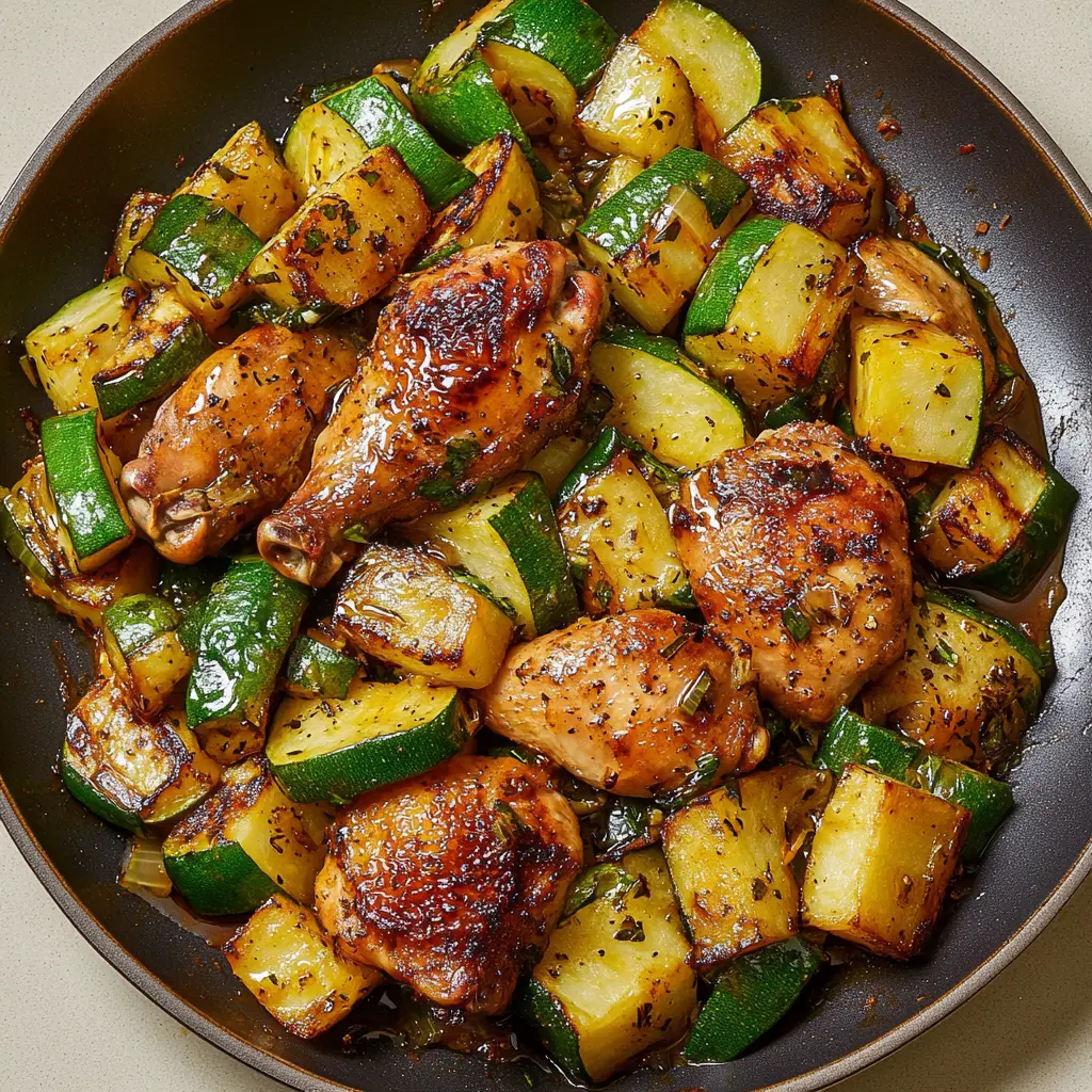 Honey Garlic Chicken and Zucchini Skillet Easy Weeknight Dinner 2 HONEY GARLIC CHICKEN AND ZUCCHINI SKILLET centered hero view, clean and uncluttered