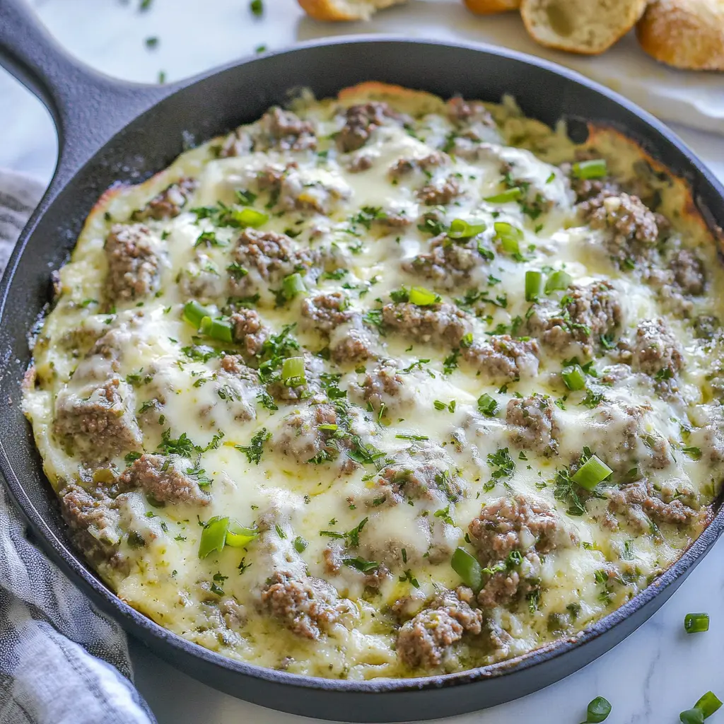 KETO GROUND BEEF SKILLET EASTER DINNER centered hero view, clean and uncluttered