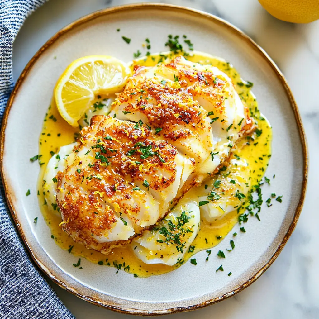 LEMON BUTTER COD RECIPE centered hero view, clean and uncluttered