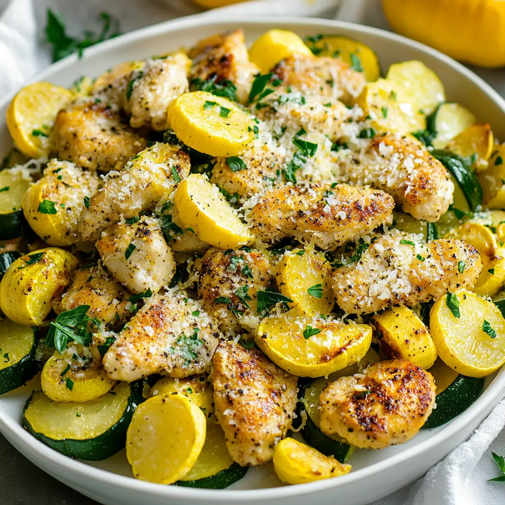 Lemon Parmesan Chicken Zucchini and Squash Easy Weeknight Dinner 2 LEMON PARMESAN CHICKEN ZUCCHINI AND SQUASH centered hero view, clean and uncluttered