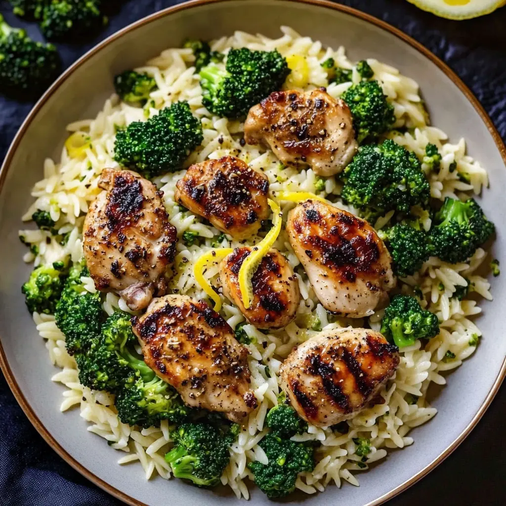 LEMON PEPPER CHICKEN BROCCOLI ORZO centered hero view, clean and uncluttered