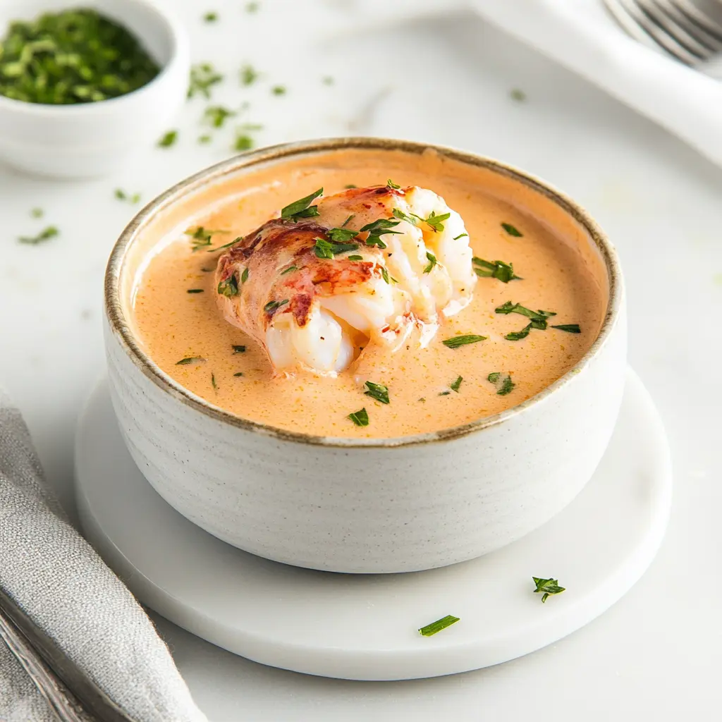 LOBSTER BISQUE RECIPE centered hero view, clean and uncluttered